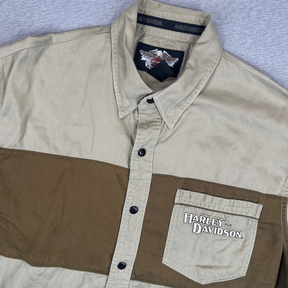 Harley Davidson Shirt Mens L Tan Brown Colorblock Short Sleeve Button Up VTG